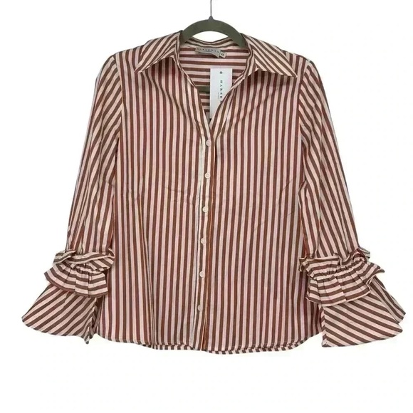 HARSHMAN SHIRT WOMEN’S XS BROWN STRIPED BUTTON DOWN FLARED SLEEVE COTTON NWT - Picture 8 of 13